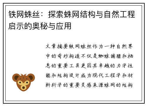 铁网蛛丝：探索蛛网结构与自然工程启示的奥秘与应用